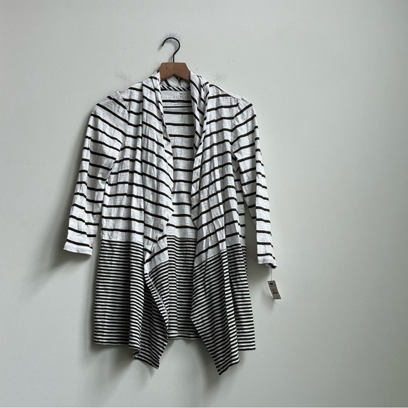 New Talbots Open Front Cardigan Olive Green Striped 3/4 Sleeve Drape Lightweight - Picture 2 of 10